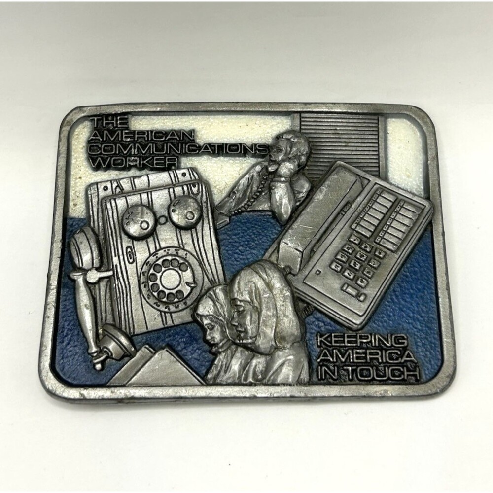 Vintage 80s American Communications Worker Belt Buckle Keeping America In Touch